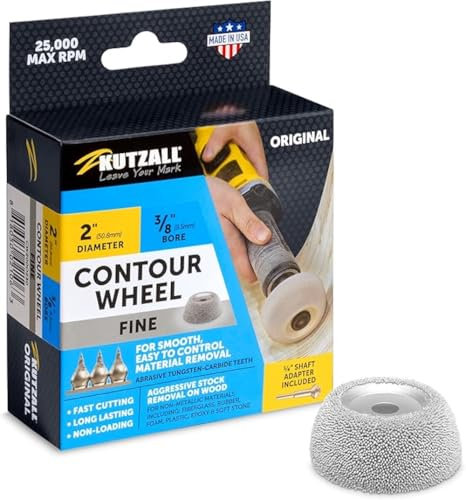 Kutzall Original Contour Wheel, 2 (50.8mm) Dia. X 3⁄8 (9.5mm) Bore, Fine - Wood Carving Die Grinder Accessory for Milwaukee, DeWalt, Bosch. Adapter Included. Abrasive Tungsen Carbide, CW200O230
