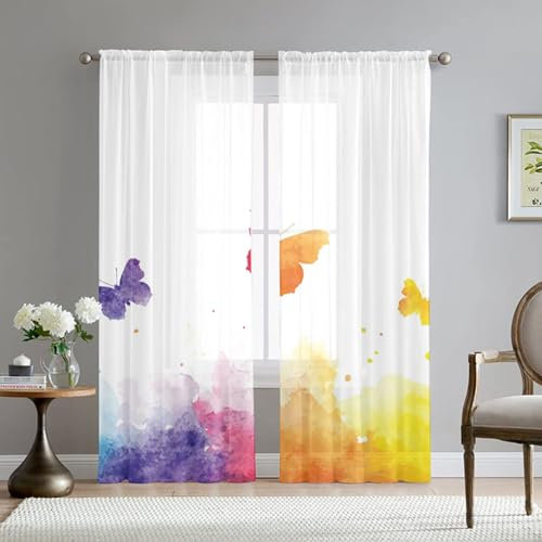 ENEN 2er Set Scheibengardinen Mit Stabtaschen-Design, Blumen-Stil Halbtransparent Bistrogardine, Gardinen Gardinen Küche, Türgardine für Kinderzimmer Wohnzimmer (Schmetterling,108 * 137cm)