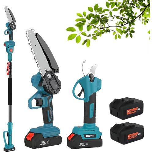Sécateur électrique De Jardin avec Perche Télescopique sans Fil De 2 M, Scie à Une Main à Batterie Au Lithium De 6 Pouces, 2 Batteries, pour La Taille Et L'élagage des Branches D'arbres