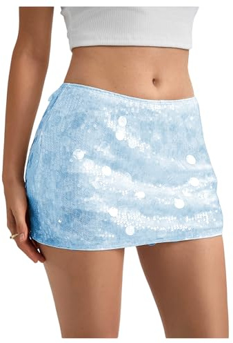 MakeMeChic Women's Sparkly Sequin Mini Skirt Y2k Low Rise Glitter Rave Micro Skirt with Shorts Underneath Blue Small