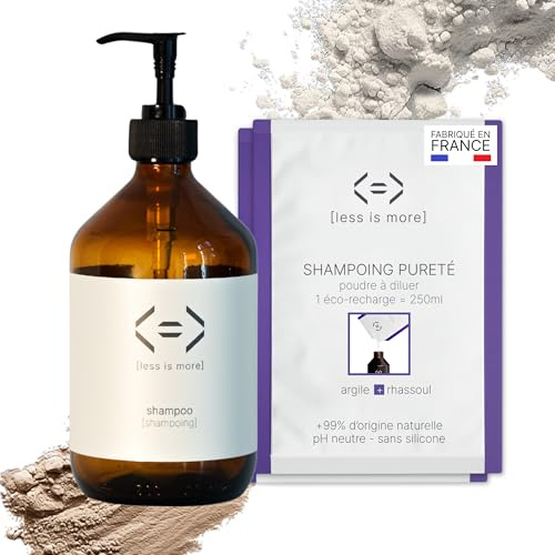 Less is More Shampoing Naturel en Poudre à Diluer, Argile Blanche/Rhassoul pour Soin Cheveux Gras, Kit Bouteille Verre GRAND FORMAT recyclé + 2 Recharges Ecologique 500ml à Reconstituer Made in France