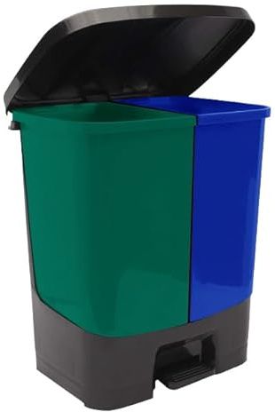 TENLITE 37L Dual Kitchen Pedal Bin – Plastic Twin Bin with Lid, 2 Compartment Trash Can for Rubbish & Recycling, Foot Pedal Operation, Rectangular Design For Easy Waste Disposal (Green + Blue)