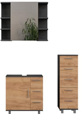 Vicco Badmöbel-Set Ilias, Anthrazit/Goldkraft Eiche, 60.2 cm | besteht aus Waschbeckenunterschrank, Spiegelschrank und Midischrank