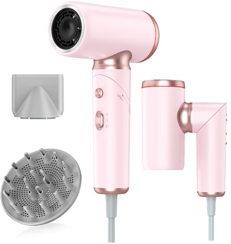Dual Voltage Hair Dryer Travel Europe Foldable, High Speed Ionic Blow Dryer Fast Drying,100-240V Portable Dryers with Magnetic Nozzles,1300W, Pink