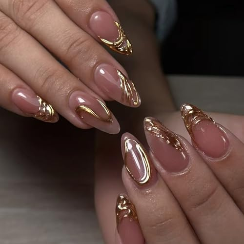 24Pcs Almond False Nails - 3D Stereoscopic Gold Pattern Short Press on Nails - Medium False Nails French Tip - Full Cover Stick on Nail Shiny Artificial Nail for Women