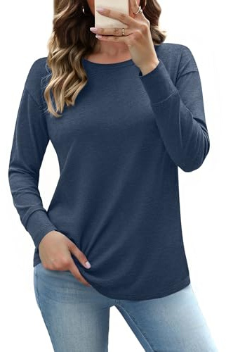 Totatuit Langarmshirt Damen Basic Longshirt Lässig Langarm Oberteile Rundhals T-Shirt Sweatshirt Herbst Marineblau M