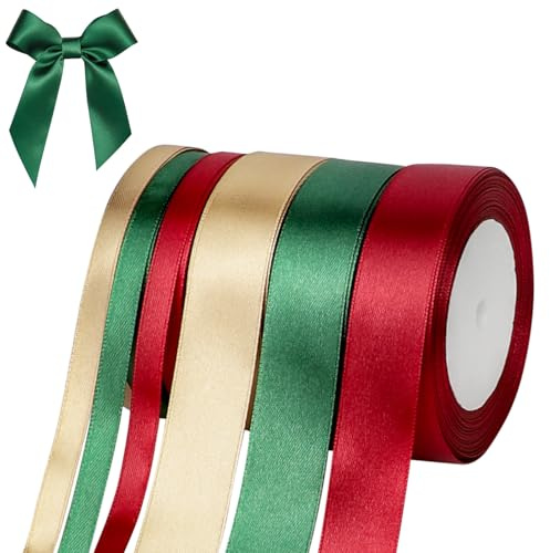 6 Rolle Weihnachtsband Set, 132 m Geschenkband Weihnachten | 10mm und 25mm Breite, Polyesterband Zum Verpacken von Geschenken, Basteln, Weihnachtsbaumschmuck (Rot,Grün,Gold)