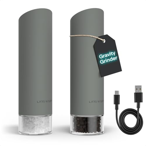 LARS NYSØM Gravity Grinder - Elektrisches Salz- und Pfeffermühlen Set - USB-C Wiederaufladbare Automatische Gewürzmühlen, Einstellbarer Mahlgrad, Einhandbedienung für die Küche (Ash Gray)