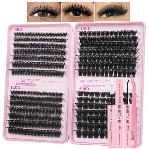 SIISTAS Cluster Lashes Kit 80D-200D Thick Individual Cluster Lashes Book with Eyelash Glue & Seal D Curl Eyelashes Natural Lash Clusters Fluffy DIY Lash Extensions for Beginners(80D+120D+150D+200DKIT)