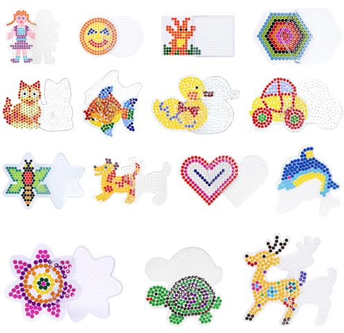 Bügelperlen Platten, 15 Stück Bügelperlen Schablonen mit Verschiedenen Formen, Bügelperlen Vorlagen für Kinder, Eltern und Pädagogen, Kreatives Basteln für Zuhause und Schule