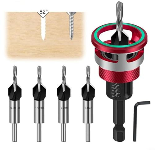 Juego de brocas avellanadas de varios tamaños con tope de profundidad y llave hexagonal para un avellanado preciso en madera natural, MDF, aluminio y metales no ferrosos
