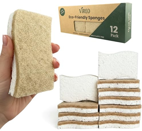 12 Pack Non-Scratch & Odor-Free Eco Sponges – Natural Biodegradable Cellulose & Coconut Fiber Kitchen Scrubbers – Compostable, Zero Waste Sponges for Dishwashing & Cleaning