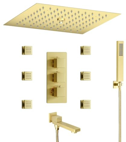 Douche Encastré Système Encastré Thermostatique, Multifonctionnel LED Colonne de Douche avec 30x30 cm Tête de Douche, Robinet de Baignoire, 6pcs 50 mm Buse de Massage, Douchette À Main, Or Brossé