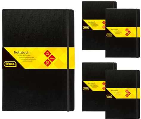 Idena 90449 - Notizbuch A4 blanko, 5 Stück, 192 Blatt 80 g/m² in Creme, mit Innentasche, Gummiband und Lesezeichen, Hardcover Einband in Schwarz