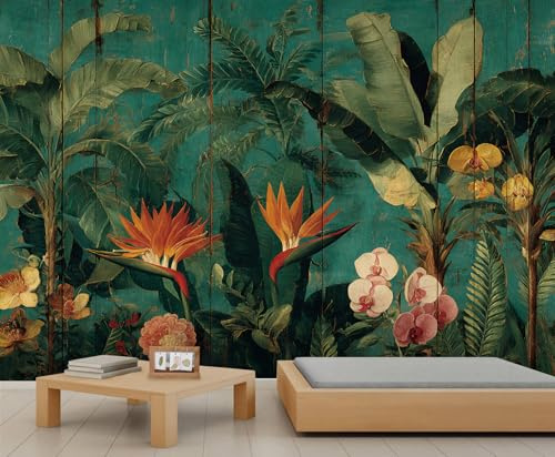 Papier peint vintage Strelitzia Reginae Art Déco Motif feuilles de bananier tropicales de la jungle sombre Oiseau de paradis Fleur Orchidée Papier peint Chambre à coucher Salon Poster mural 300 x 240