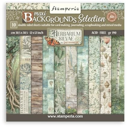 Stamperia - Scrapbook Paper Pad for Scrapbooks, Albums, Cards, Bullet Journals and More, Acid Free, Double-Sided, Perfect for Crafts and Gifting (Herbarium Silvae Background Selection) (30.5 x 30.5cm)