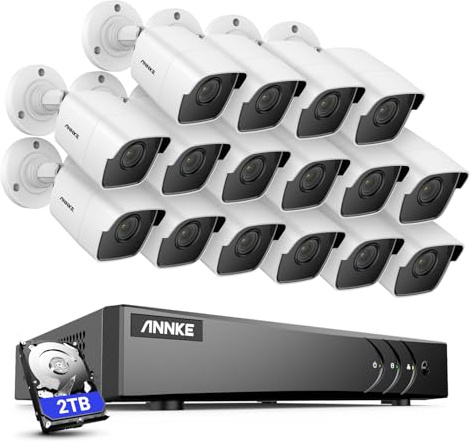 ANNKE CCTV Security Camera System with 5MP Cameras, 16CH DVR and 16x Bullet Cameras, Human/Vehicle Detection, 2TB Hard Drive for 24/7 Recording, 100ft/30m Night Vision, IP67 Waterproof for Outdoor