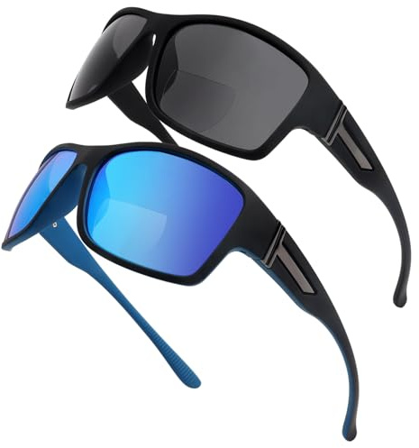 YOBOCO Sportlich Bifokale Sonnenbrille Herren, 2 Stück Getönte Sonnenbrille mit Leseteil UV Schutz für Sport/Autofahren/Fahren, Blauen+Schwarz