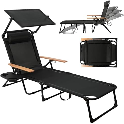 Sonnenliege, Gartenliege Liegestuhl mit Kopfkissen, Klappbar Sonnenliege, Verstellbare Rücken- und Beinauflagen, Strandliege für Balkon, Terrasse, Camping, Beach (Schwarz mit markise)