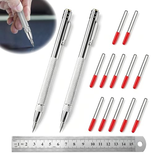 Anreissnadel-Set,2 Stück Wolframcarbid,Wolframkarbid-Markierungsnadeln | 10 Ersatznadelspitzen,15 Cm Stahllineal,Zum Markieren Und Gravieren Von Glas/Keramik/Gehärtetem Stahl/Dünnen Metallblechen