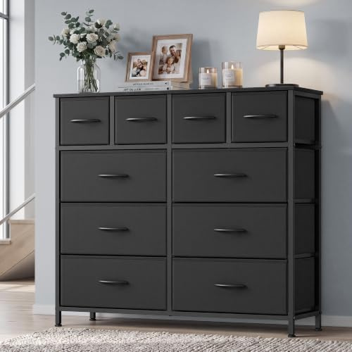 SONGMICS Chest of Drawers, 10 Fabric Drawers Storage Unit, Wooden Top, Steel Frame, 98.7 x 30 x 96.2 cm, for Bedroom, Closet, Hallway, Living Room, Ink Black LGS236B101