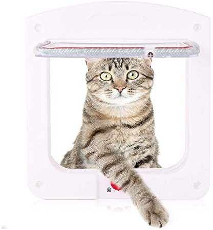 Porta per Gatti HUA Gattaiola/Porta per Animali Domestici Facile da Installare, Porta Trasparente con Sportello Magnetico per Porte E Finestre Scorrevoli in Vetro, con Chiusura Manuale A 4 Vie, Bian