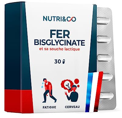 NUTRI & CO Fer Bisglycinate 14mg + Vitamine C + Probiotique - Haute Absorption - Complément Alimentaire Fer Breveté Anti-Fatigue - Sans Troubles Digestifs - 30 Gélules Vegan - Fabriqué en France