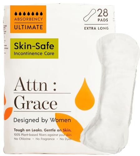 Attn: Grace Ultimate Incontinence Pads for Women, 28-Pack - Plant-Based, High Absorbency, Breathable - Overnight Pads for Heavy Bladder Leaks & Sensitive Skin