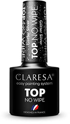 Claresa Top Shine No Wipe Überlack Innovativ UV LED Top Coat für Hybrid Nagellack Glänzendes Finish, Transparent mit silbernem Glitter, 5ml