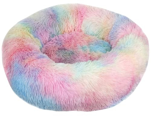 HUAXIQUE Donut Hundebett Hundebett Wolke Mittelgroße Hunde Hundebett für Große Waschbar Haustierbett Flauschiges Hundebett 70cm Regenbogen