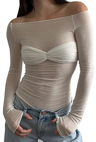 shownicer Maglietta Donna Trasparente Camicia Manica Leggera Lunga Maglietta Tops Sexy Elegante Slim Fit T Shirt Streetwear A Bianco M