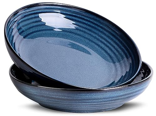HASENSE Pasta Bowls Set of 2, 8.7 Inch Ceramic Salad Serving Bowls for Kitchen, 32 Ounce Shallow Bowls for Pasta Soup Salad Dinner, Microwave Dishwasher Safe, Navy Blue