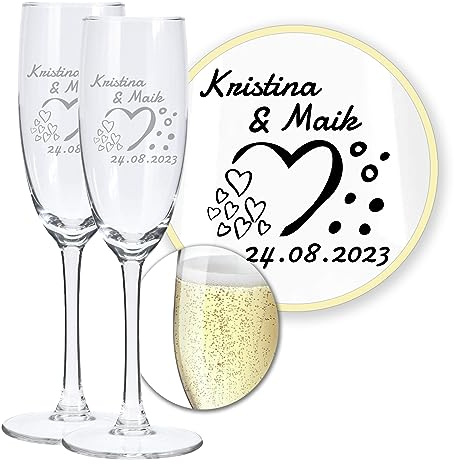 LALALO Hochzeit Sektgläser 2er Set mit Gravur, Sektgläser Gravur personalisiert mit Namen Datum Wunschtext, Lasergravur Champagnerglas 18cl, Hochzeitsgeschenk Brautpaar Hochzeitstag Jubiläum