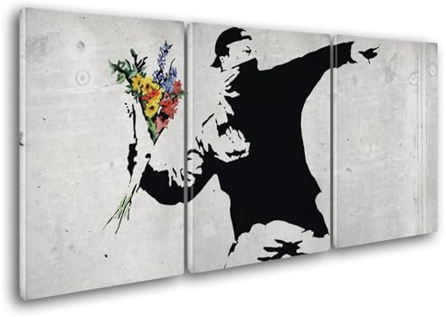 Giallobus - Große Gemälde im XXL-Format - Banksy - Street Art - Blumenwerfer - Leinwand - 218x100cm | 3pcs. x 70x100cm - Moderne Gemälde für zu Hause
