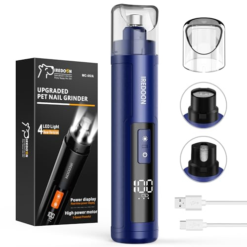IREDOON Profi Krallenschleifer für Hunde 3-Gang Mit 4 LED-Leuchten – Neuester Krallenschleifer Mit Leistungsanzeige für Haustiere, Superleise, Wiederaufladbare für Große, Mittelgroße und Kleine Hunde