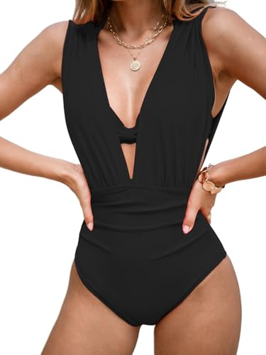 CUPSHE Women's Swimming Costume One Piece Swimsuit Plunging Neck Wide Halter Straps Underwire Ruched Back Hook Swimwear Black L