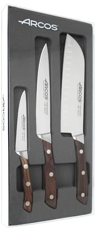 Arcos Serie Natura - Juego de Cuchillos 3 piezas (1 Cuchillo Mondador + 1 Cuchillo Cocina + 1 Cuchillo Chef) - Hoja de Acero Inoxidable Forjado NITRUM - Mango de Madera Palisandro color marrón
