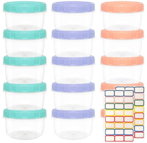TAIXING 15 Pcs Small Plastic Containers with Lids, 200ml Food Containers | 3 Colors, Stackable Snack Pots Airtight Kitchen Food Container Set for Leftovers Snacks Yoghurt Sauces Fruit