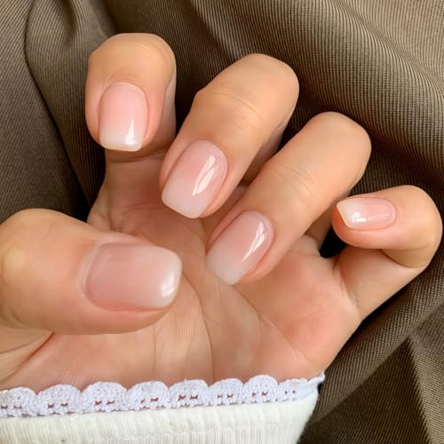 24 Stück Press on Nails Kurz - Nude Pink Gradient Finger Nägel Square - Künstliche Nägel Zum Aufkleben - Ombre Nagelspitzen - Full Cover Quadratisch Fake Nail für Frauen ＆ Mädchen