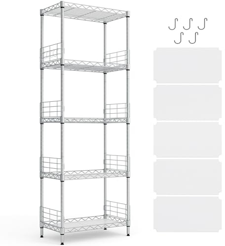 LINSY HOME Standregal mit 5 Regalböden, Metallregal, Gitterregal Metall, Vorratsregal Schwarz mit Abnehmbare Haken für Keller, Wohnzimmer, Büro, bis 225 kg Belastbar, 54 x 29 x 150cm H (Silber)