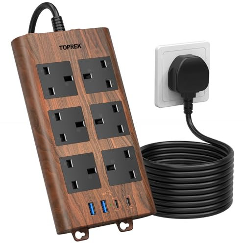 TOPREK Wood Grain 6 Way Extension Lead with USB Slots, Surge Protection, 2USB-A & 2USB-C & 1 Switch, 13A/3250W, Brown Extension Cable 2M for Home Office Kitchen