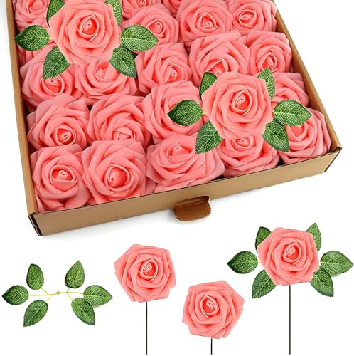 RCZ Décor Artificial Blush Foam Roses with Stems & Leaves - Pack of 50, Perfect for Wedding Centerpieces, Event Decor, DIY Bouquets, and More