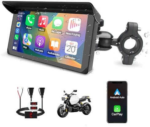 VSYSTO Écran Carplay Moto, Carplay sans Fil et Android Auto Navigation GPS pour Moto, Tactile étanche IP67 de 5 Pouces avec Dual Bluetooth, Siri, Assistant Vocal, Double Port USB, Support