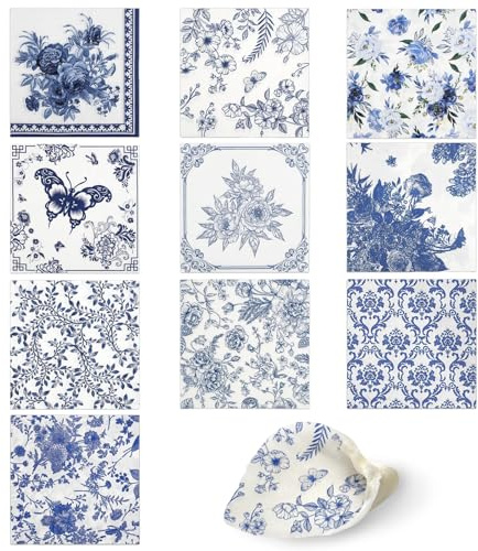 Evadollina Servilletas Azul Blanco, 20 Piezas de Servilletas Florales, para DIY, para Fiestas de Bebé, Servilletas, Servilleta, Festivales y Fiestas (10 Diseños)