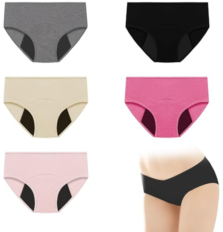 HEUIOP 5 Pack Period Pants for Teenage Girls Soft Cotton Menstrual Period Pants Reusable Heavy Flow Leakproof Underwear Mid Waist Underwear for 10-16 Years Old Girls