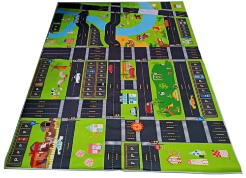 EGZASDI City Toy Activity Spielmatte Road Spielmatte， Kinder-Spielmatte, Ranch Road, Parkplatzmuster, Grün, mehrere Größen(140 * 200cm)