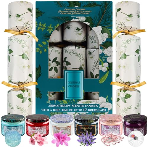 KreativeKraft Xmas Cracker 6er-Pack, Knallbonbons mit Duftkerzen im Glas, 17h Brenndauer je Kerze, Party Zubehör, Mitbringsel Weihnachten Deko (Multi Candle)