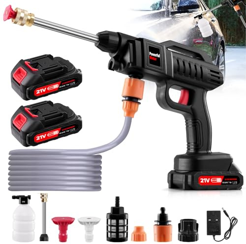 Nettoyeur Haute Pression sans Fil 80 Bar - 2 Batteries Incluses, Buse 6 en 1 Réglable et Tuyau 5m - pour Voiture, Jardin, Terrasse, Fenêtres