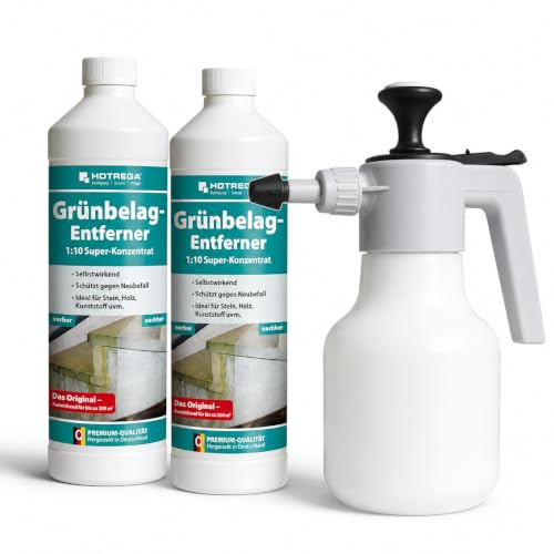 HOTREGA Grünbelagentferner Konzentrat 1:10 | 2 Liter Algenentferner Set | Beseitigt Flechten & Moos auf Terrasse, Fassade oder Dach | Inklusive Druckspritze | pH-neutraler Schutz vor Neubefall
