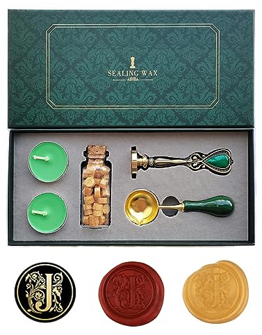 Ausgefallene Buchstaben J Stempelset, AMTOL Wachssiegel-Stempelset im europäischen Stil, Geschenkbox-Set, Vintage personalisierte Wachssiegel-Stempel für Briefkarten-Einladungen.